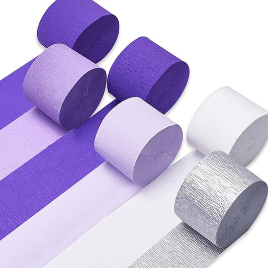 PartyWoo Purple Crepe Paper Streamers 6pcs 492ft Pack of Light Dark Purple Lavender White Silver Crepe Paper Streamers for Birthday Baby Shower Graduation Princess Butterfly Theme Party Decorations