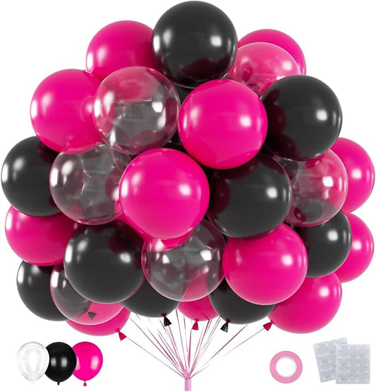 60pcs Hot Pink Black Clear Balloons Kit, 12 Inch Gothic, Glam & Princess Theme Party Balloons for Birthday, Graduation, Halloween, Mother's Day & Boho Chic Events Decorations
