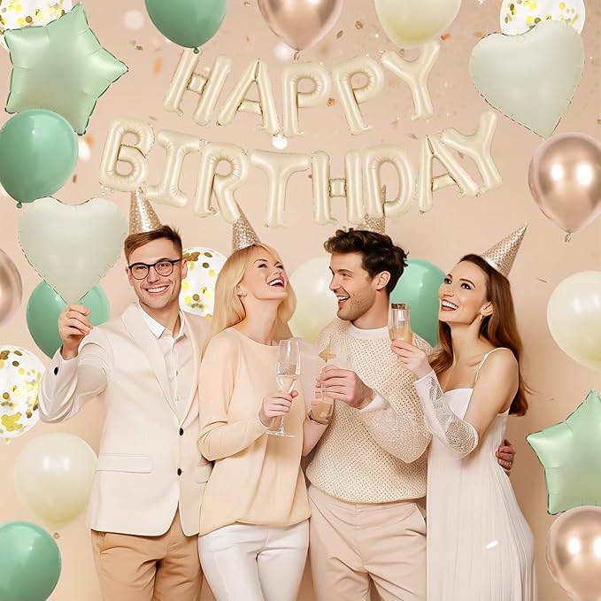 Sage Green Birthday Decorations for Men Women Boys Girls,Sage Green Beige Gold balloons Happy Birthday Balloons Banner Confetti Balloons for Birthday Baby Shower Party Decorations