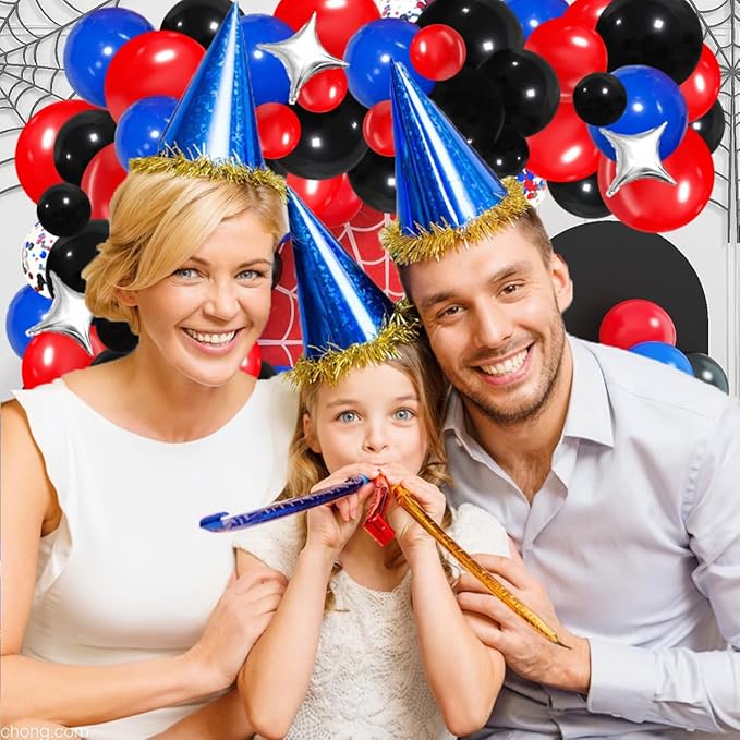 Red Blue Black Balloon Garland Arch Kit - Blue Black Balloons Red BlueBalloons Silver Tinsel Foil Fringe Curtain for Super Spider Hero Man Boys Birthday Graduation New Year Party Decorations
