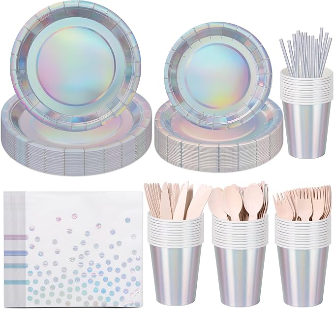 200PCS Iridescent Party Decorations Supplies, Paper Plates and Napkins Set, Iridescent Party Tableware Set for Mermaid Unicorn Birthday Wedding Party, Serve for 25 (Iridescent Set)