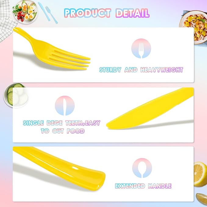 300 Pack Pastel Pink Blue Purple Yellow Disposable Plastic Silverware Heavy Duty, Plastic Cutlery Set, Forks and Spoons Knives Set for Easter Birthday Party Prom Night, Weddings, (Macaron Colors)