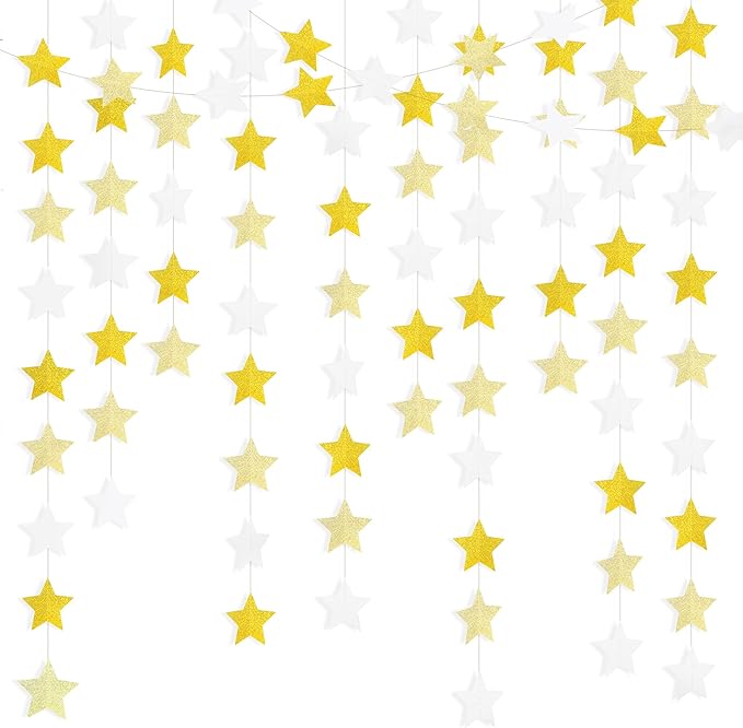 Glitter Gold, Light Gold & White Iridescent Star Garland 90FT, 240pcs Hanging Glitter Star Banner Backdrop for Birthday, Baby Shower, Wedding & Christmas Party Decorations (6 Packs)