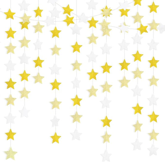 Glitter Gold, Light Gold & White Iridescent Star Garland 90FT, 240pcs Hanging Glitter Star Banner Backdrop for Birthday, Baby Shower, Wedding & Christmas Party Decorations (6 Packs)