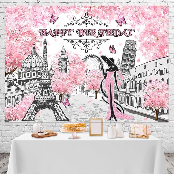 Mocsicka Paris Birthday Backdrop - Pink Floral Paris Themed Party Decorations - European City Landscape - 8x6ft