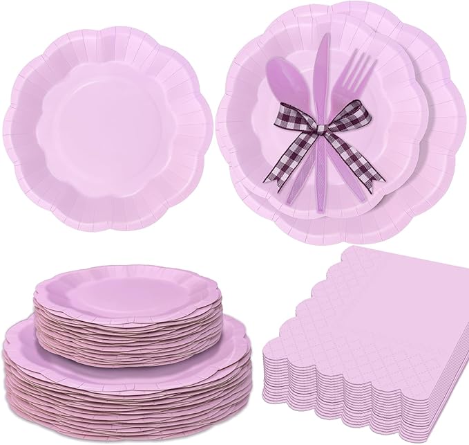 168 Pcs Lavender Party Supplies, Scalloped 9" & 7" Disposable Paper Plates with Napkins and Cutlery, Pastel Purple Tableware Set for Birthday, Baby Shower, Wedding, Mother?™s Day, Serves 24