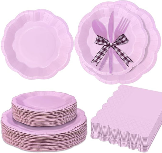 168 Pcs Lavender Party Supplies, Scalloped 9" & 7" Disposable Paper Plates with Napkins and Cutlery, Pastel Purple Tableware Set for Birthday, Baby Shower, Wedding, Mother?™s Day, Serves 24