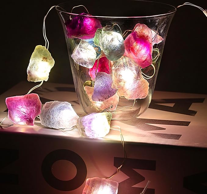 20 LED Multicolor Natural Fluorite Crystal String Lights - 6.5ft USB/Battery Operated with Remote Control & Timer for Bedroom Indoor Wedding Party Christmas Decor