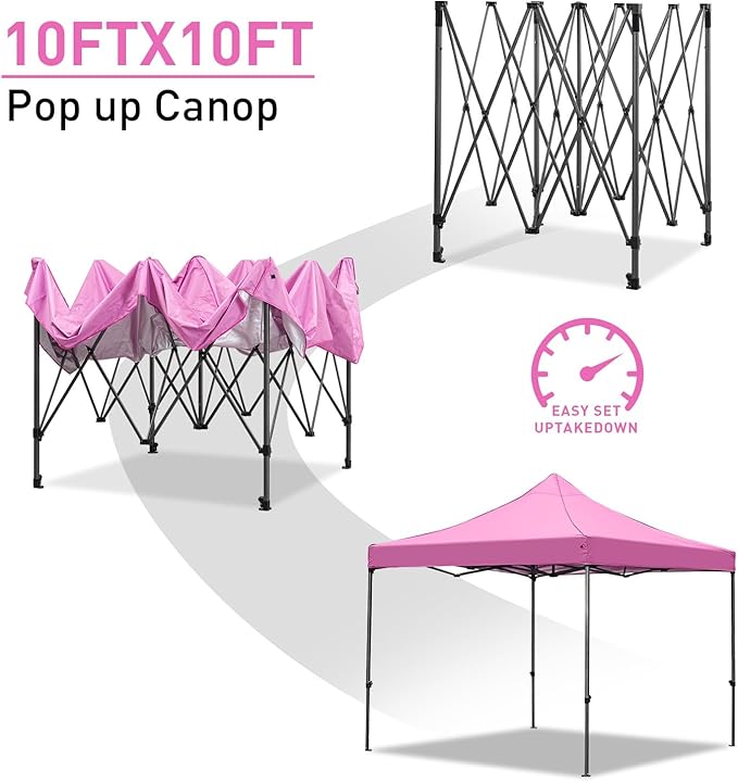GDY 10x10 Ft Steeple Outdoor Pop Up Canopy Tent, Commercial Portable Instant Folding Gazebos, Patio Canopies with Wheel Bag, Pink.