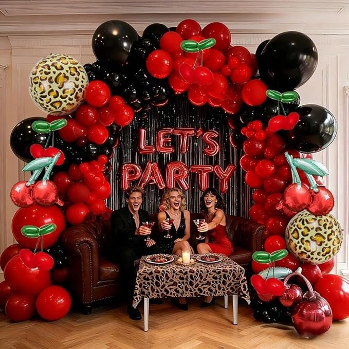 Red Black Balloon Arch Kit Double Stuffed Burgundy Black Maroon Balloon Garland Cherry Cheetah Print Balloons for Birthday Bridal Baby Shower Bachelorette Graduation Party Decorations