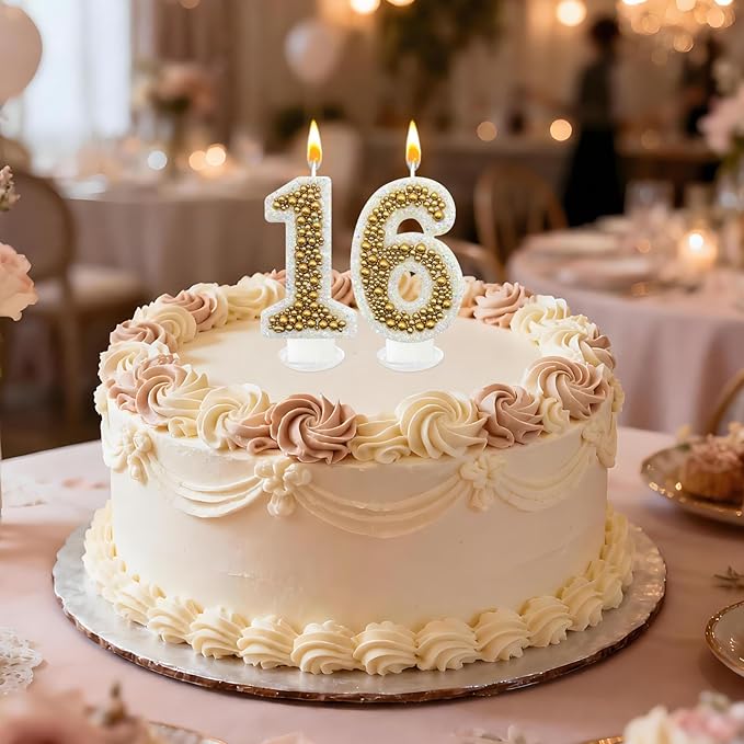 16 Birthday Number Candle for Cake, Glitter Number Candle with Gold Beads, Decorative Cake Topper for Milestone Celebrations