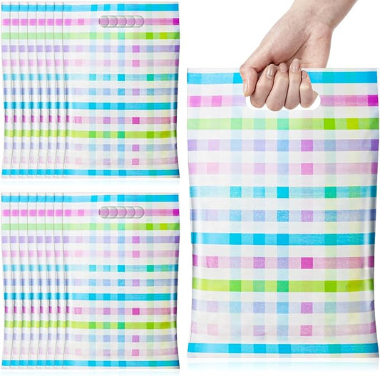 Epakh 100 Pcs Easter Checkered Gift Bags Bulk Plastic Goody Bags with Handles Pastel Rainbow Color Plaid Candy Gift Bag for Easter Baby Shower Spring Birthday Party Supplies