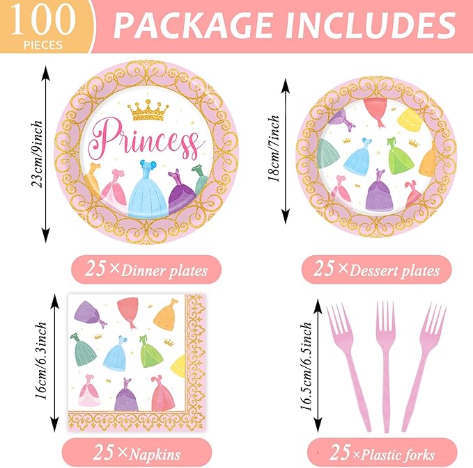 Qyeahkj 100 Pcs Princess Birthday Plates and Napkins Princess Themed Party Supplies Cartoon Dress Party Decorations Crown Disposable Tableware Dinnerware Set for Girls Engagement Baby Shower Serves 25