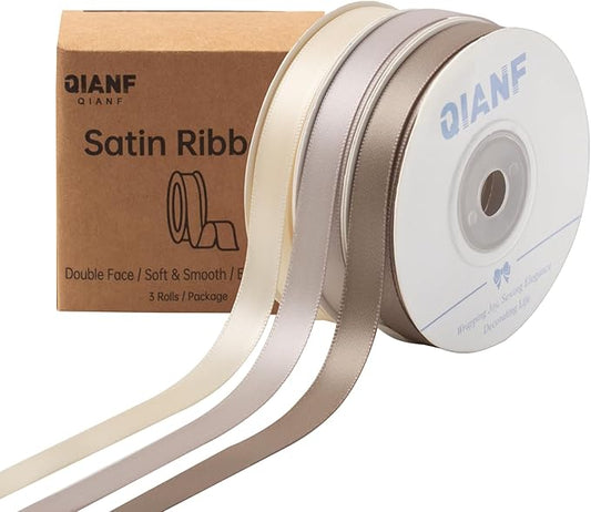 QIANF Champagne Double Face Satin Ribbon 3/8 Inch x 45 Yards Ivory Fabric Ribbon for Gift Wrapping, Flower Bouquets, Hair Bows Making, Wedding Decoration, Invitation Cards, Christmas (3 Rolls *15Yd)