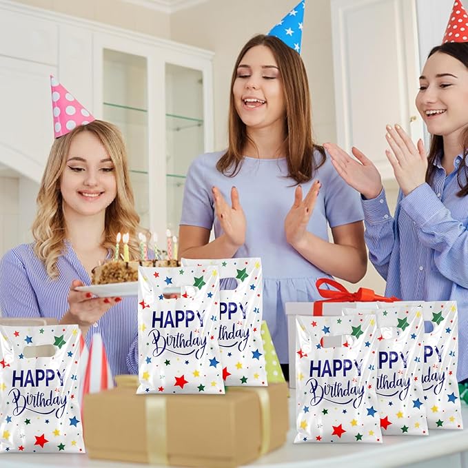 Hxezoc 50 Pieces Birthday Candy Bags Happy Birthday Goodie Bag Plastic Treat Bags Gift Wrap with Handles Favor Bags For Birthday Party Decoration Supplies (White)