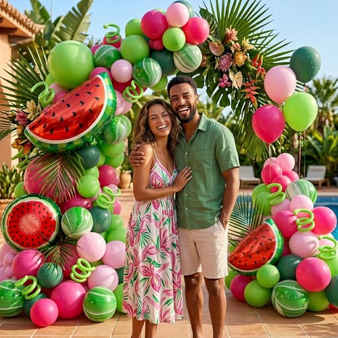 Fruit Balloon Garland Arch Kit - 157Pcs Watermelon Balloons Hot Pastel Pink Lime Green Balloon Arch Kit for Summer One in a Melon Theme Birthday Baby Shower Party Decorations
