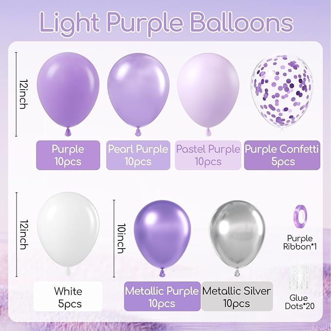 60pcs Purple and Silver Balloons 12inch with Pearl Purple White Metallic Silver Confetti Balloons for Wedding Bridal Baby Shower Birthday Party Decorations