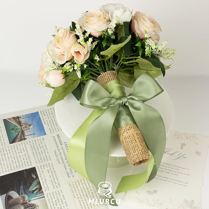 Green Ribbon 1-1/2 Inch Assorted Sage, Olive, Moss, Lime, Dusty Green, Ivory, Double Faced Satin Ribbons Set for Wedding, Flower Bouquet, Gift Wrapping, Hair Bow Crafts - 30Yds