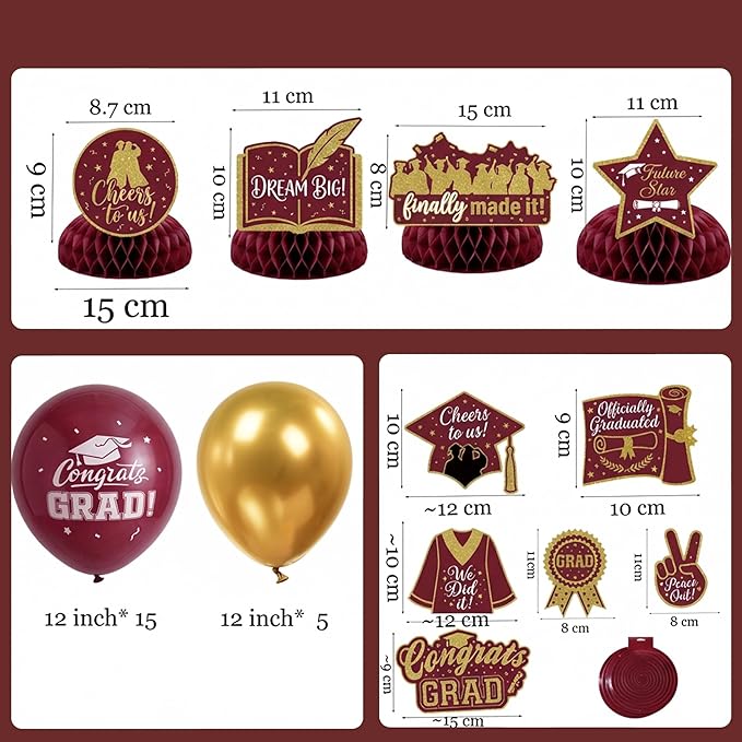 Maroon Gold Balloons Burgundy GRAD Print Balloons with Banner Table Honeycomb Centerpieces Hanging Swirl trophy star GRAD Letters Mylar Balloons for 2026 graduate Prom Decorations