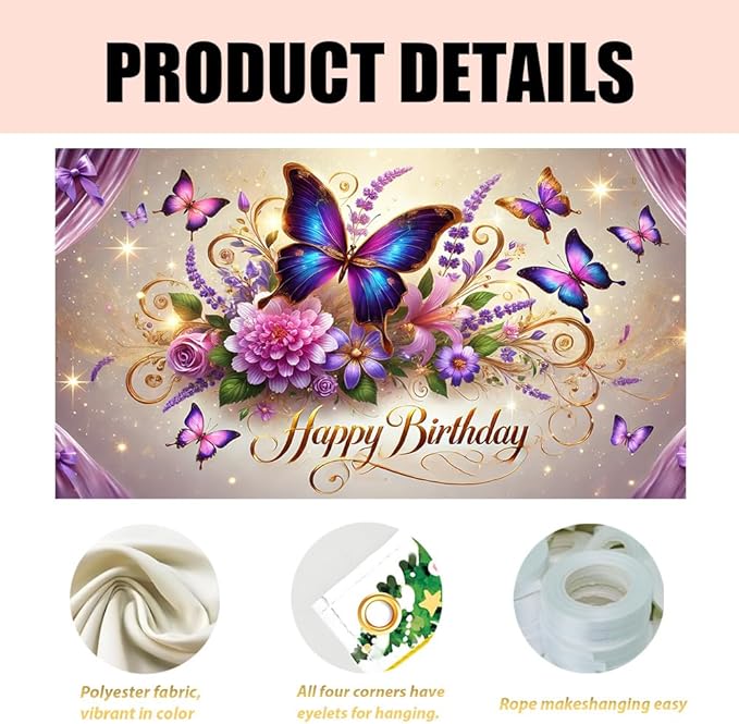 Happy Birthday Banner Colorful Butterfly and Floral Design Elegant Garden Style Wall Hanging for Birthday Party Celebration Home Decoration 70.87 x 43.31 Inch