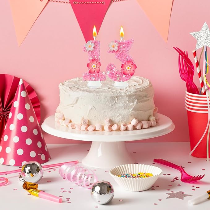 Pink Flower Birthday Candle,Number Birthday Candles for Cake, Ideal Birthday Parties Cake Decor, Wedding Anniversary and Other Celebrations (Number 13, Pink)
