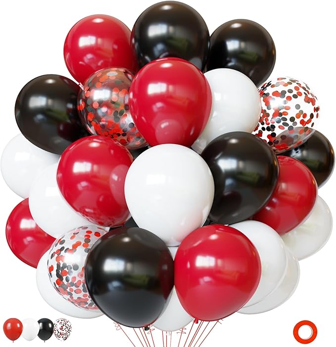 Red and Black Latex Balloons, 50 Pack 12 inch Black White Red Confetti Party Balloons with Ribbons for Birthday Graduation Wedding Bridal Shower Party Decoration