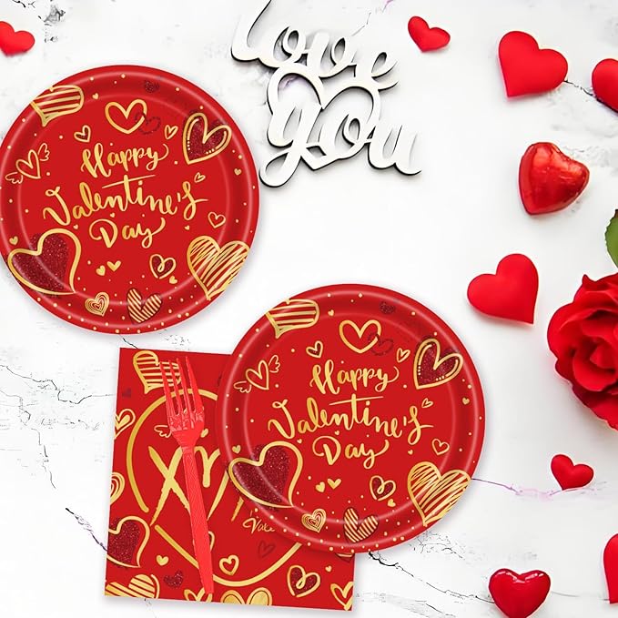 72Pcs Happy Valentine's Day Plates and Napkins Party Supplies Red & Gold Heart Paper Plates and Napkins with Forks 7inch Disposable Love Heart Dessert Plate Tableware Decorations for Valentines Day