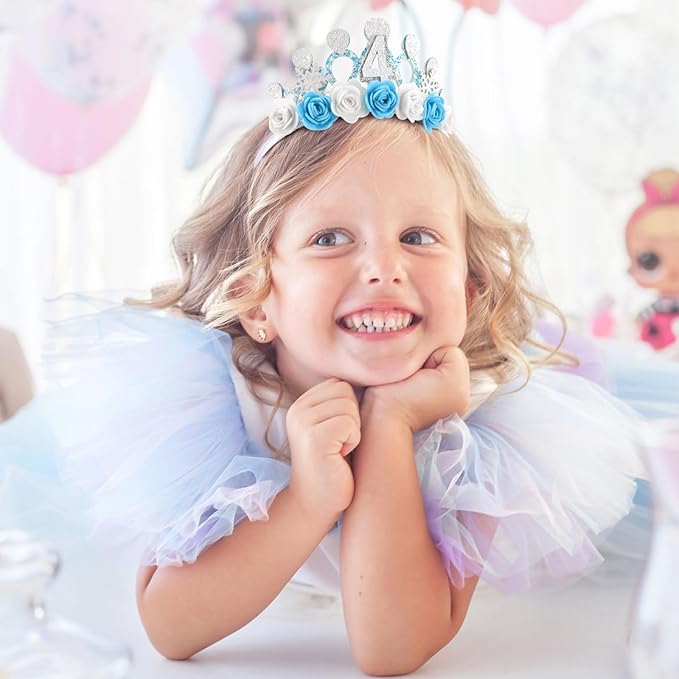 CUBACO 4th Birthday Crown Headband and Sash, 4 Year Old Girl Birthday Gifts for Blue Princess Crown, Frozen Party Decorations Favors for Girls Outfit