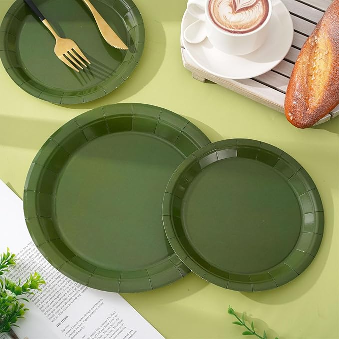 Whaline 100Pcs Olive Green Tableware Set Wedding Disposable Dinnerware Set 50Pcs Paper Plates 25Pcs Napkin 25Pcs Cups for Birthday Bride Shower Party Supplies Table Decorations