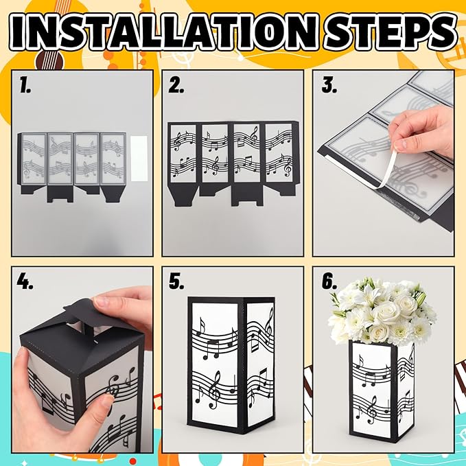 AnyDesign 8 Pcs Music Table Centerpiece Black Music Note Paper Lantern Boxes Decoration for Wedding Musical Party Photo Prop Flower Arrangement Decor