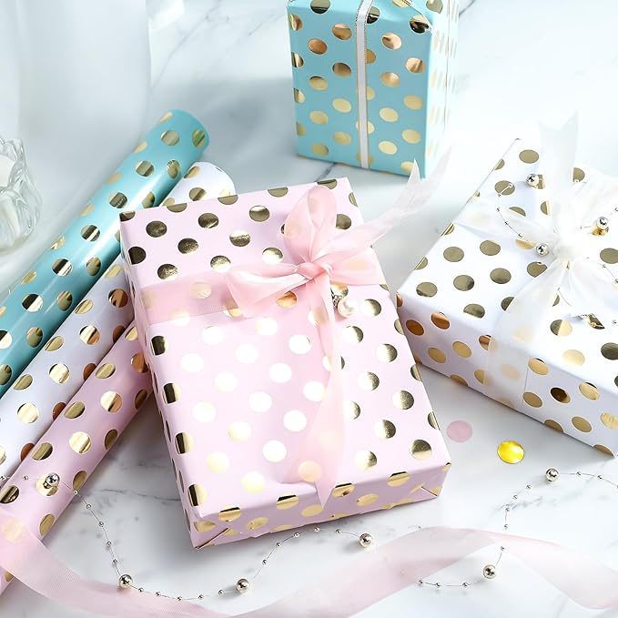 WRAPAHOLIC Birthday Wrapping Paper Roll - Mini Roll - 3 Rolls - 17 inch x 120 inch Per roll - Gold Foil Pink White Mint Polka Dots Design for Party, Holiday, Baby Shower