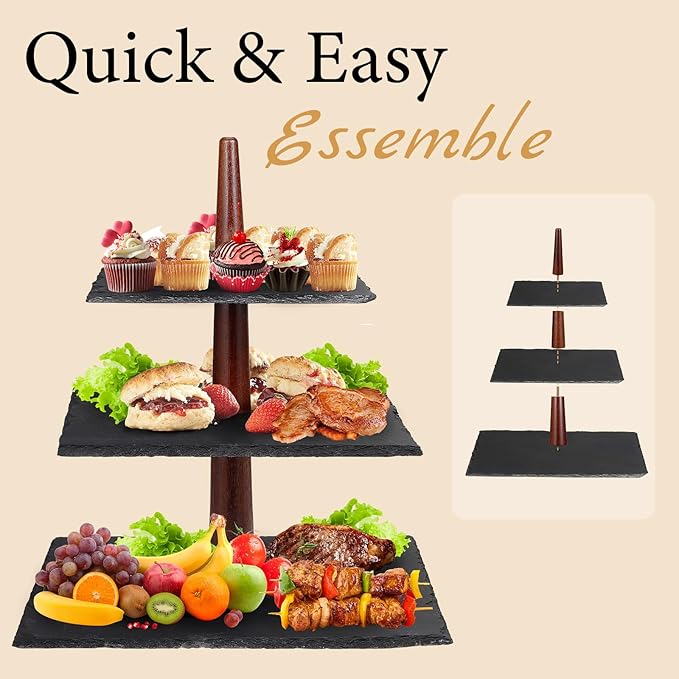 3 Tier Serving Tray 3 Tier Cupcake Stand Cupcake Stand Modern and Rustic Dessert Table Display,Slate & Acacia Wood Tiered Tray Serving Food Fruit Tray for Wedding Birthday Baby Shower