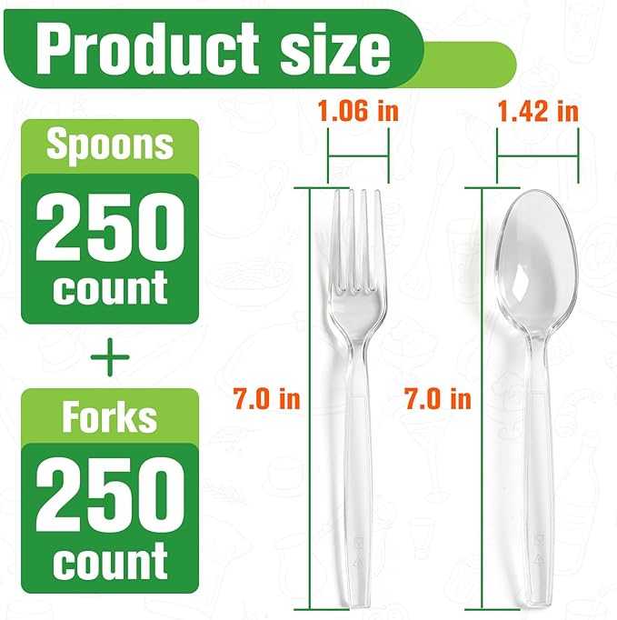 500 Count Plastic Silverware Heavy Duty,Clear Plastic Forks and Spoons, 250 PlasticSpoons & 250 Forks,BPA-Free,Heat Resistant Disposable Cutlery Utensil Set for Catering & Events, Daily Use