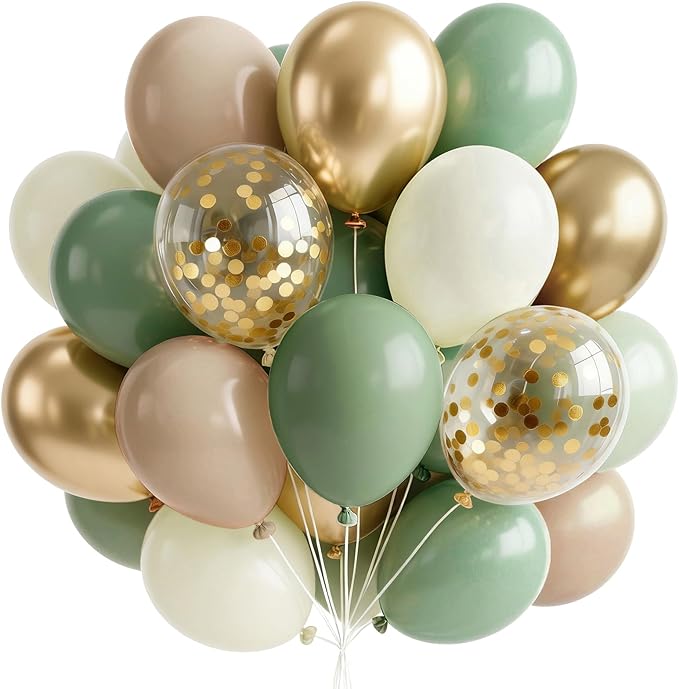 PartyWoo Sage Green Balloons 66pcs 12 Inch Metallic Gold Sand White Light Brown Gold Confetti Balloons for Baby Shower Wedding Engagement Jungle Woodland Forest Birthday Party Decorations