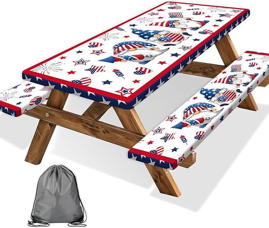 4th of July Picnic Table Cover with Bench Covers, Camping Essentials, Patriotic American Flag Gnomes Stars Table Cover Waterproof Fitted Tablecloth Cover with Elastic Edge for Outdoor 3 PCS 30x96 Inch
