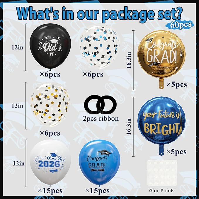 GuassLee Graduation Blue and Gold Balloons 2026 - Grad Latex Confetti Balloons with Congrats Grad Foil Balloons for Graduation Party Decorations Supplies, 60Pcs