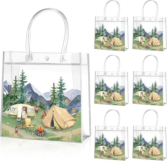 Aliceset Camping Themed Party Favor Bags Camping Themed Treat Goodies Happy Camper Party Bags for Birthday Adventure Baby Shower Supplies Gift Candy Snack Wrapping, 8x8x3.15 inch