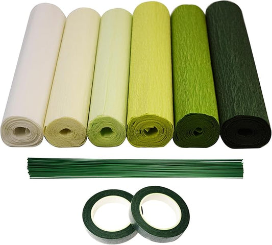chaekoy 6 Rolls Crepe Paper Streamers, 10 Inch x 8 Feet Flower Making Kits with Floral Tape and Stem Wire for Birthday Party Wedding