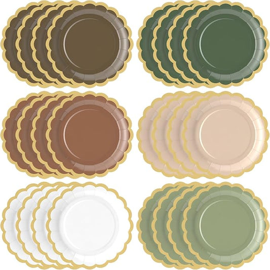 48 Pcs Woodland Green and Brown Paper Plates 9 Inch Gradient Scalloped Paper Disposable Dinner Dessert Plates for Birthday Wedding Bridal Party Supplies, 6 Colors