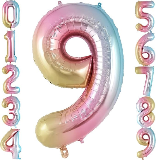 Rainbow Gradient Number 9 Balloon, 40 Inch Big Large Foil Number Balloons, Jumbo Mylar Number 9 Balloons for 9 Year Old Birthday Party Decorations Supplies Anniversary Celebration