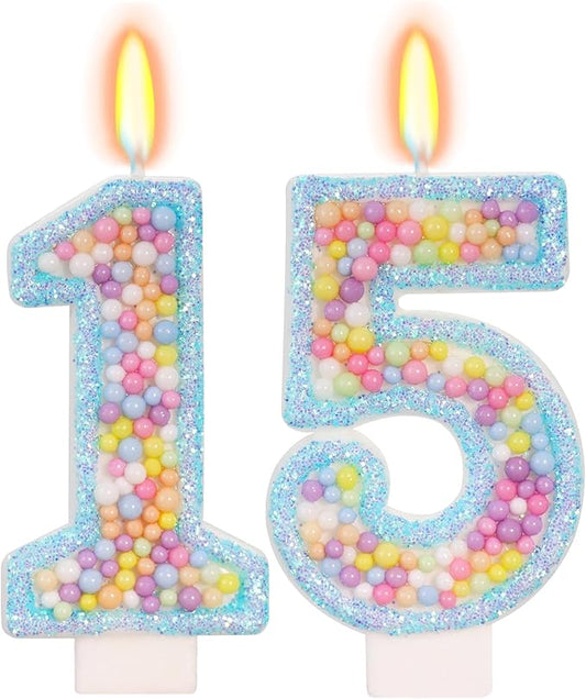 Blue Birthday Candles - Number 15 Candle, Colorful Macaron Candles, 15 Birthday Decorations for Girls Boys, Cake Decorations, Theme Party Supplies (Blue)