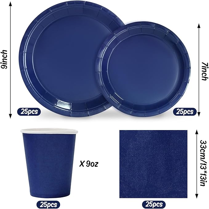 Whaline 100Pcs Navy Blue Tableware Set Wedding Disposable Dinnerware Set Paper Plates Napkins and Cups for 25 Guests Wedding Birthday Bride Shower Party Supplies Table Decorations