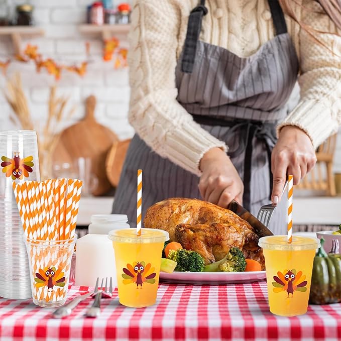 Whaline 50 Pcs 12 Oz Fall Plastic Cups with Lids and Straws Cute Turkey Cold Beverage Drinking Cups for Autumn Thanksgiving Party Supplies