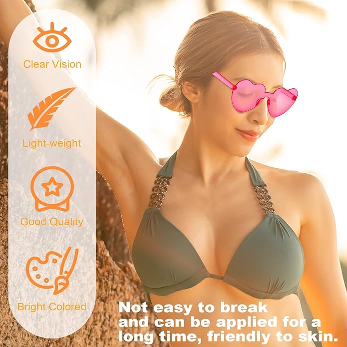 REHALY Valentine's Day Gifts - 16pcs Heart Shaped Rimless Sunglasses in Colorful Pink and Blue