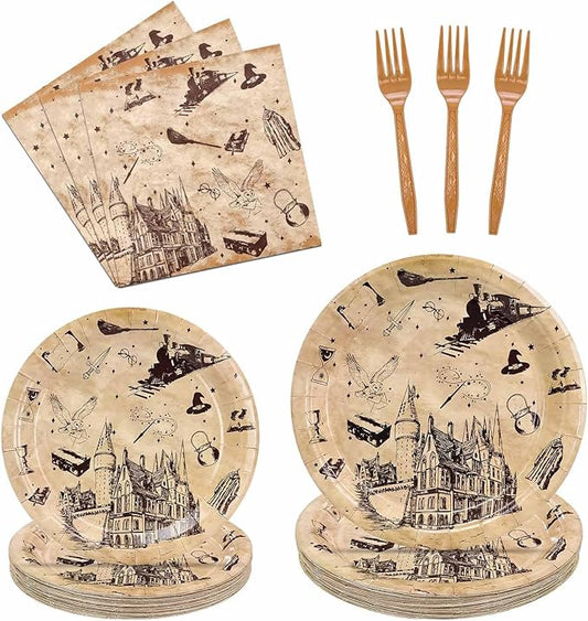 96 Pcs Magical Wizard Plates and Napkins Party Supplies Vintage Castle Owl Paper Plates and Napkins Forks Disposable Tableware Set for Birthday Magic Witch Party Serves 24 Guests