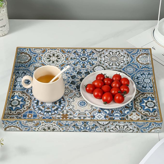 AGIOTA Boho Coffee Table Trays Serving Tray with Handles Large Tray for Ottoman Modern Decorative Tray for Living Room