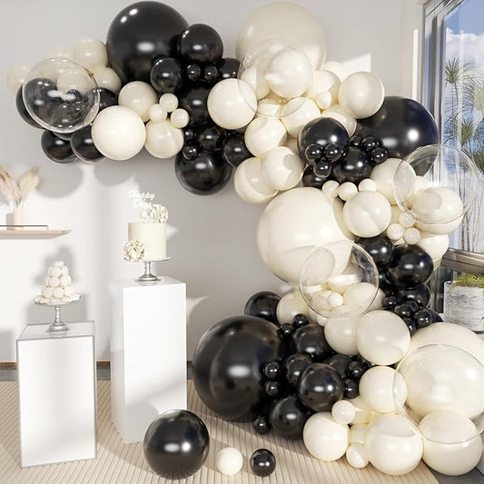 White Sand Black Balloons Arch Kit, 151Pcs Black Cream White and Bobo Balloons Garland 18 12 10 5 inch for Birthday Wedding Bridal Shower Bachelorette Anniversary Party Decorations