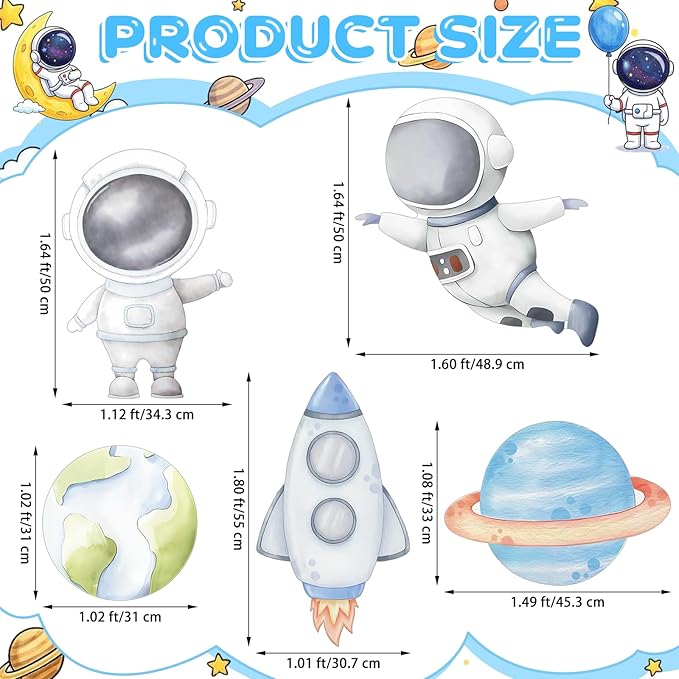 5 Pcs Outer Space Baby Shower Decorations, Astronaut Rocket Planet Earth Cardboard Cutouts Standups, Space Themed Photo Booth Props Signs for Kids Birthday Party Outdoor Yard Lawn Decor