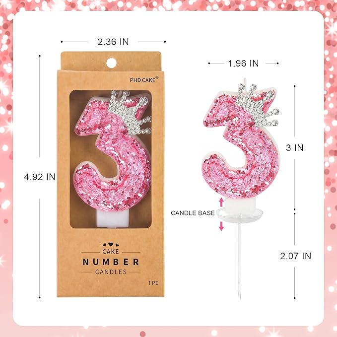 PHD CAKE Birthday Number Candles,Pink Crown Birthday Candles for Cake,Glitter Number 3 Candle Cake Topper with Sequins for Girls,Women, Anniversary Celebrations Supplies