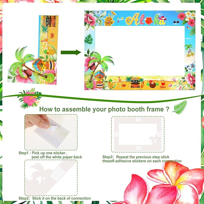PHOGARY 13PCS Luau Photo Booth Props with 1PCS Hawaii Aloha Photo Frame Photo Props, Summer Photo Booth Props Kit for Hawaiian Tropical Luau Summer Pool Beach Birthday Party Decorations Supplies